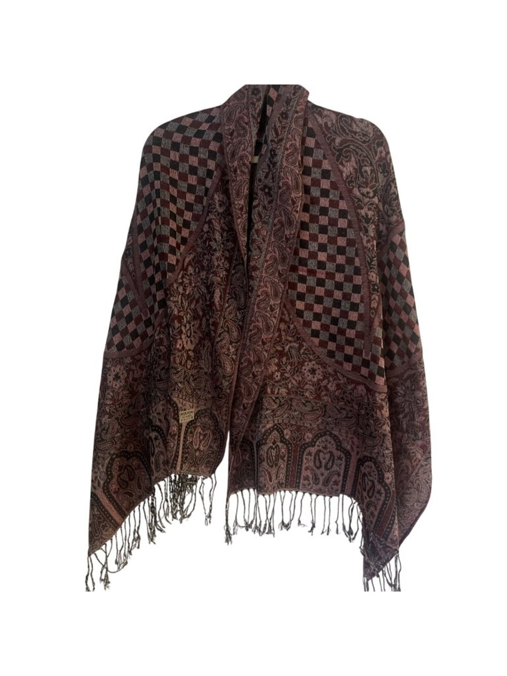 Pashmina Scarf Womens 65x28” Res Black Check Floral Fringe Boho Shawl Wrap